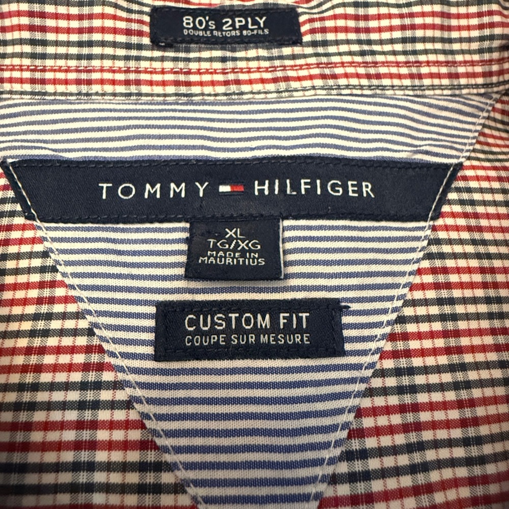 Tommy Hilfiger Mens XL Custom Fit Tattersall Check Shirt Red White Blue 80s 2Ply - Picture 7 of 8